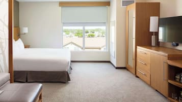 Une chambre d’hôtel avec un lit, un canapé, une télévision et une vue sur l’extérieur.
