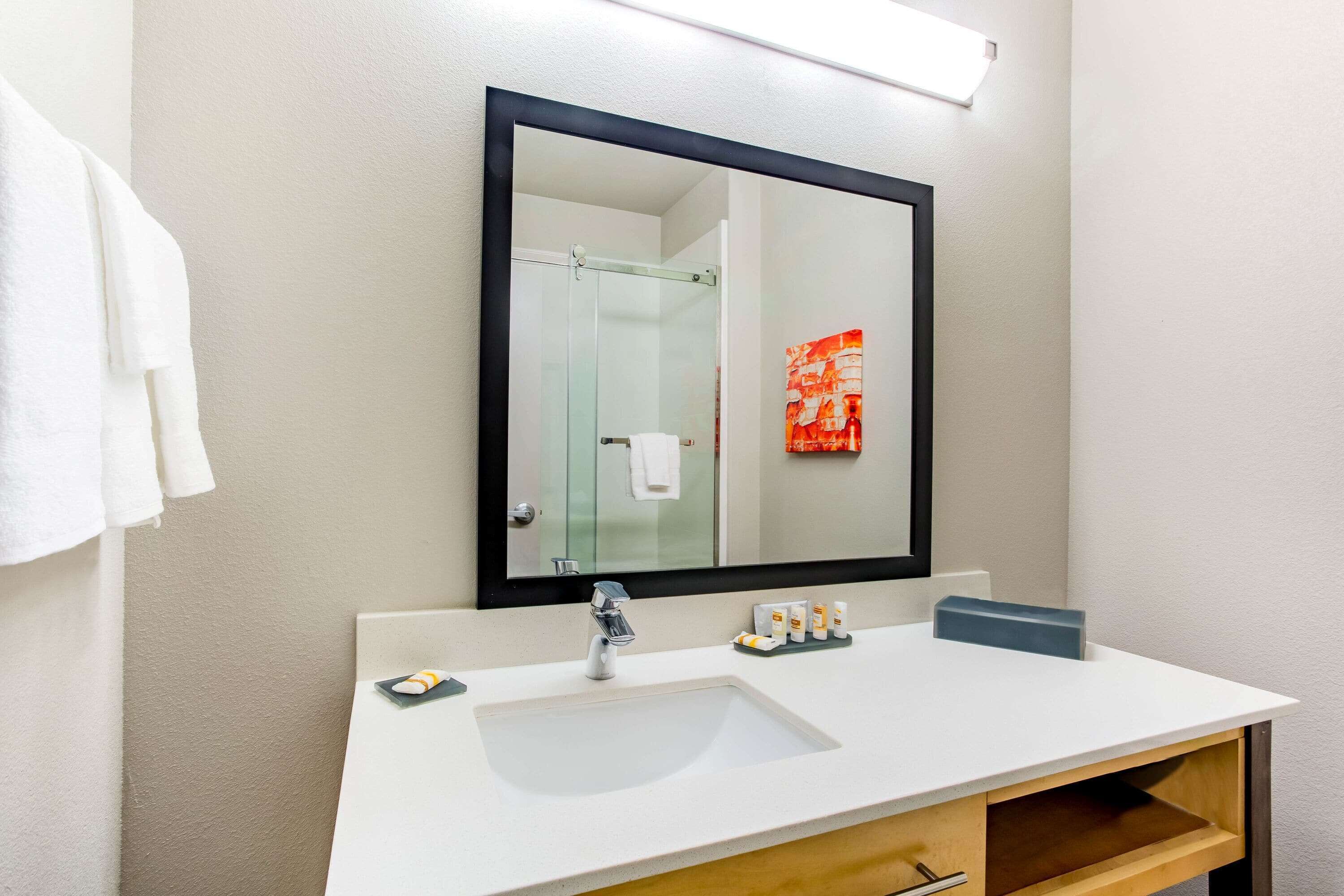 combined shower/bathtub, free toiletries, hair dryer, towels