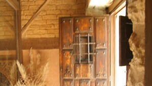 Une pièce rustique avec une grande porte en métal, une plante en pot et un mur de pierre.
