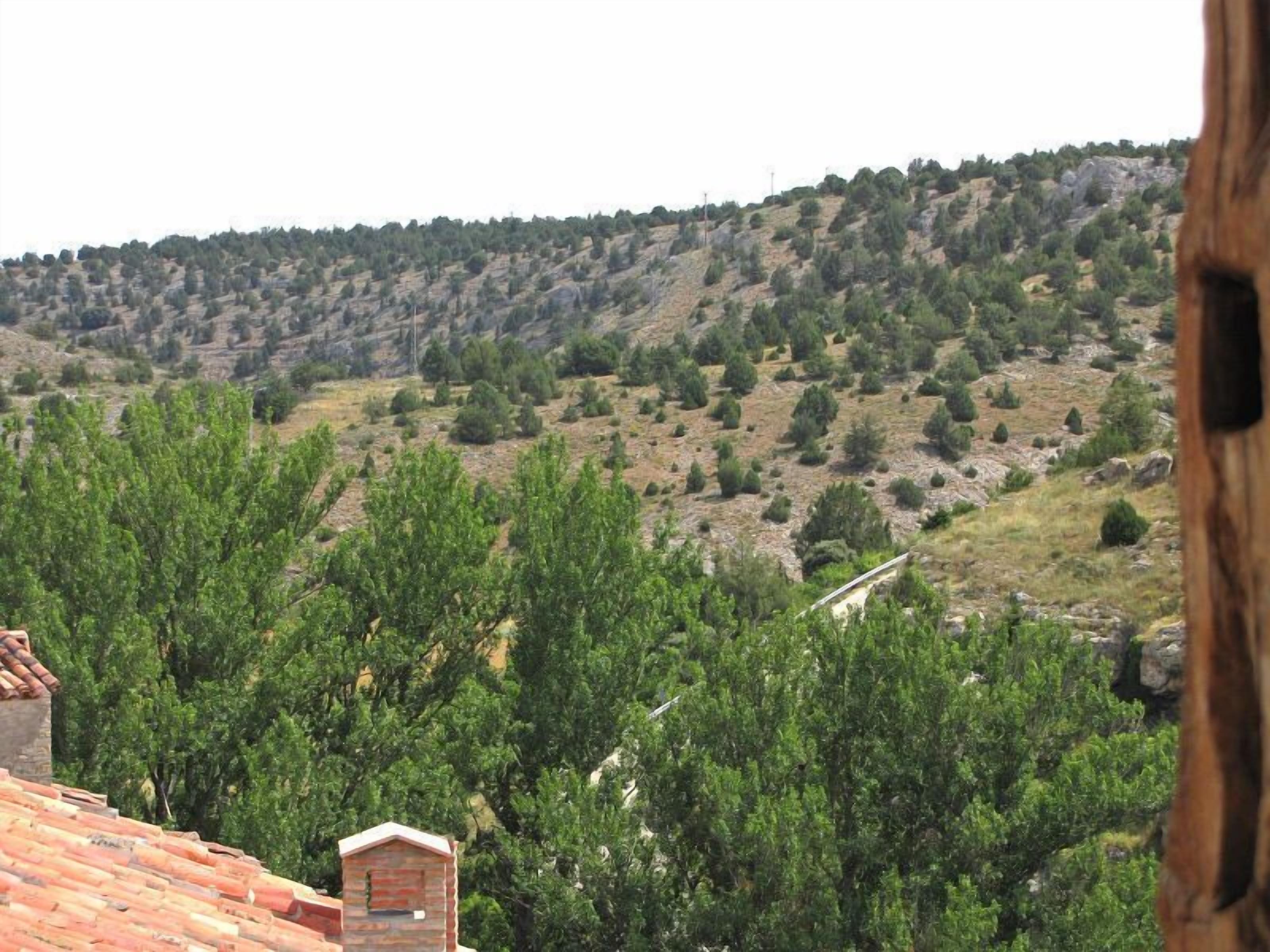 Vista de una ladera con vegetación escasa y un edificio pequeño con tejado de tejas rojas.