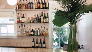 Eine Bar mit Regalen voller Spirituosenflaschen, einem großen Topfpflanzen und einer Marmorplatte.