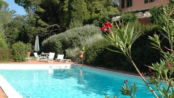 Seasonal outdoor pool, a rooftop pool, pool umbrellas, pool loungers