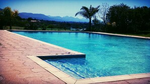 A swimming pool with clear blue water, surrounded by a tiled deck and palm trees. - Carmel Guest Farm (Wilderness)