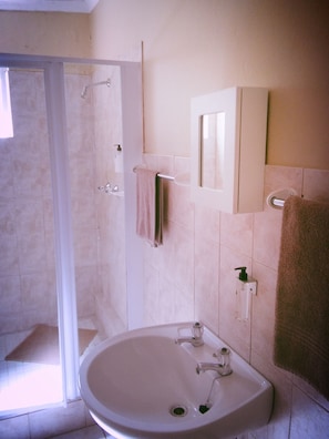Un baño con ducha, lavamanos y toallero.