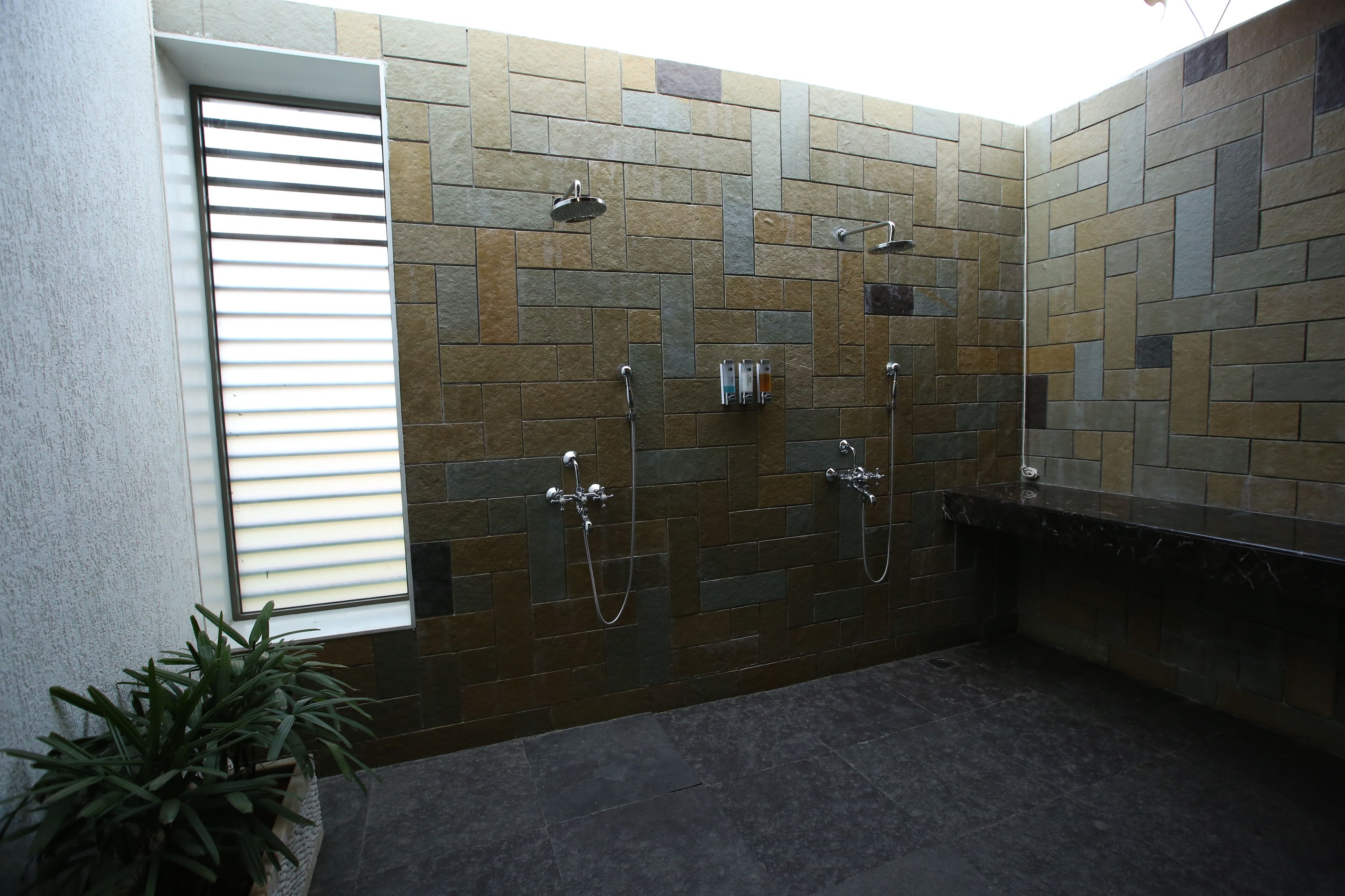 A modern bathroom with a stone wall, a shower area, and a potted plant.