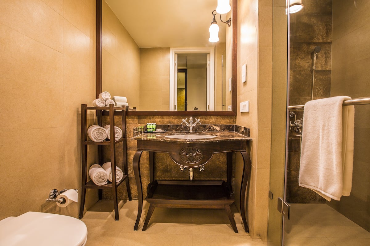 shower, rainfall showerhead, free toiletries, hair dryer