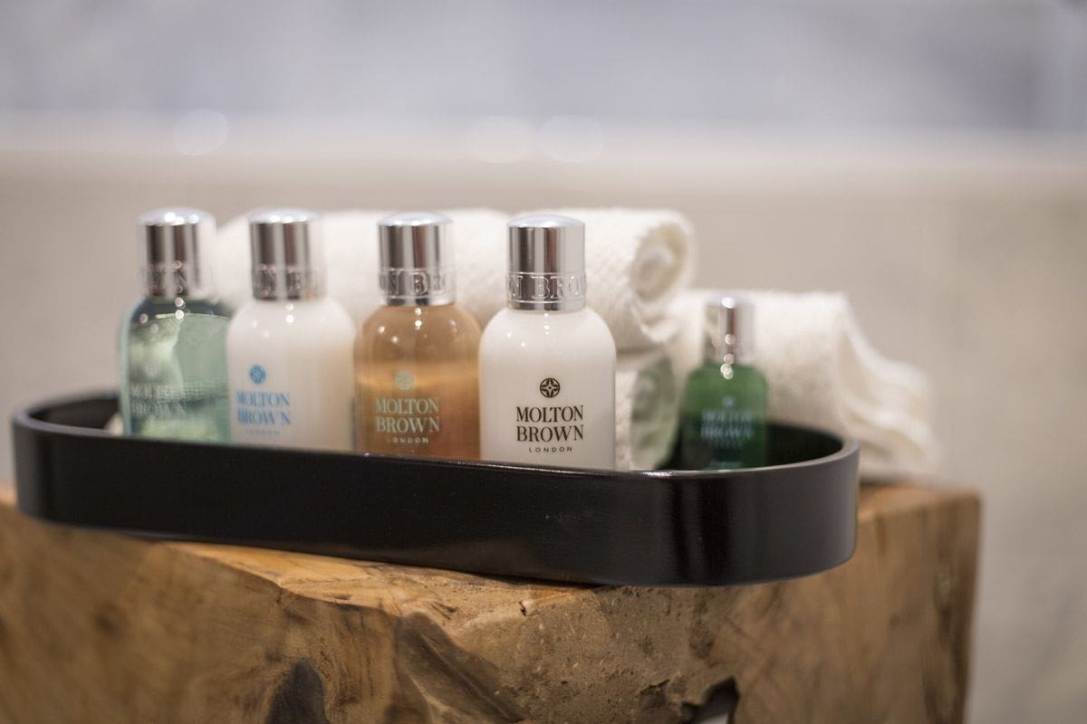 combined shower/bathtub, designer toiletries, hair dryer, bathrobes