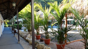 Un pasillo cubierto bordeado de plantas en macetas y rocas, que conduce a una zona de piscina.