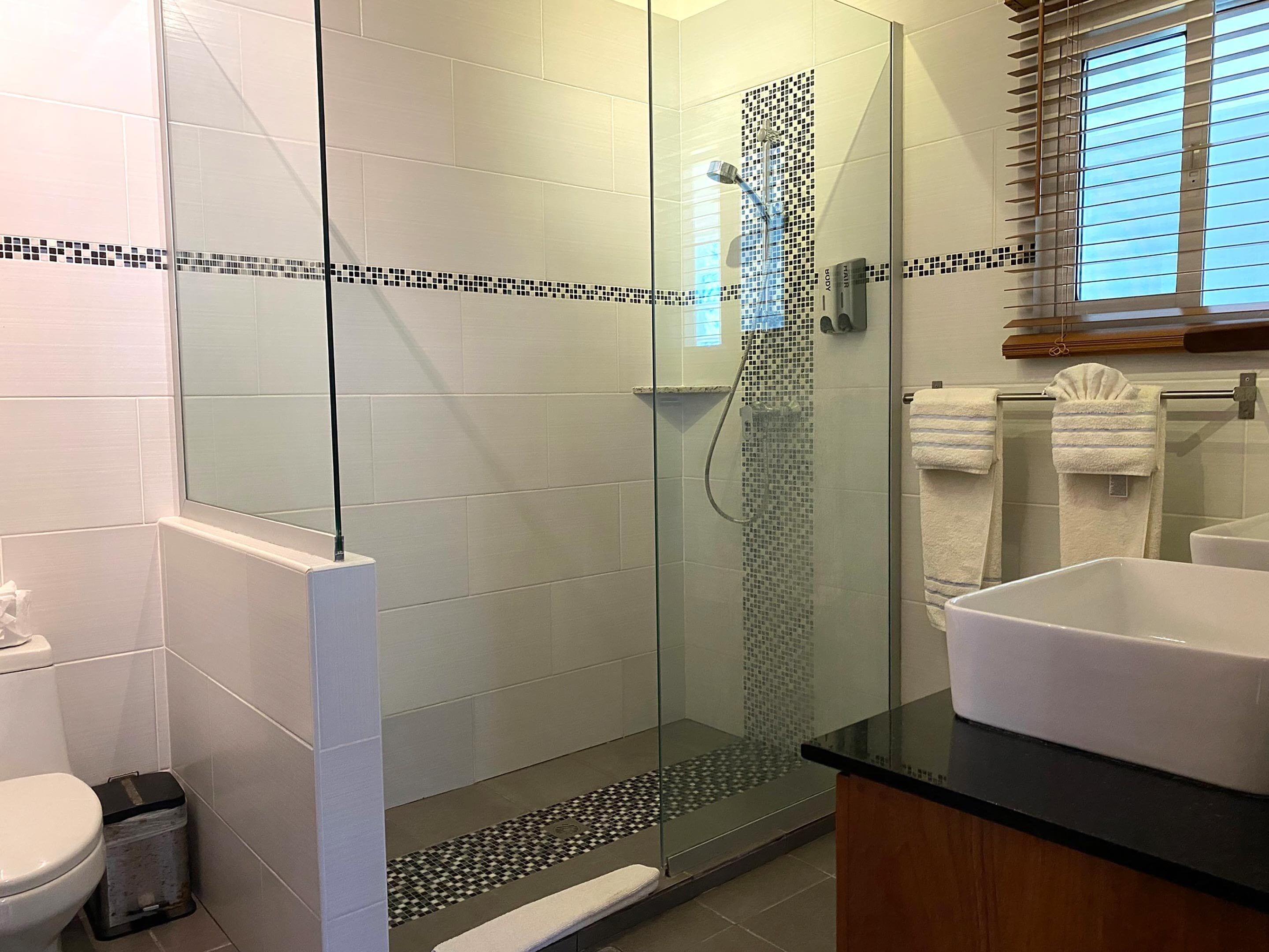 A modern bathroom with a glass-enclosed shower, a white sink, and a toilet.