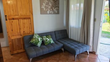 Une pièce avec un canapé gris, deux coussins à motifs verts et blancs, une porte en bois, une œuvre d’art florale accrochée au mur et une porte-fenêtre coulissante avec des rideaux.