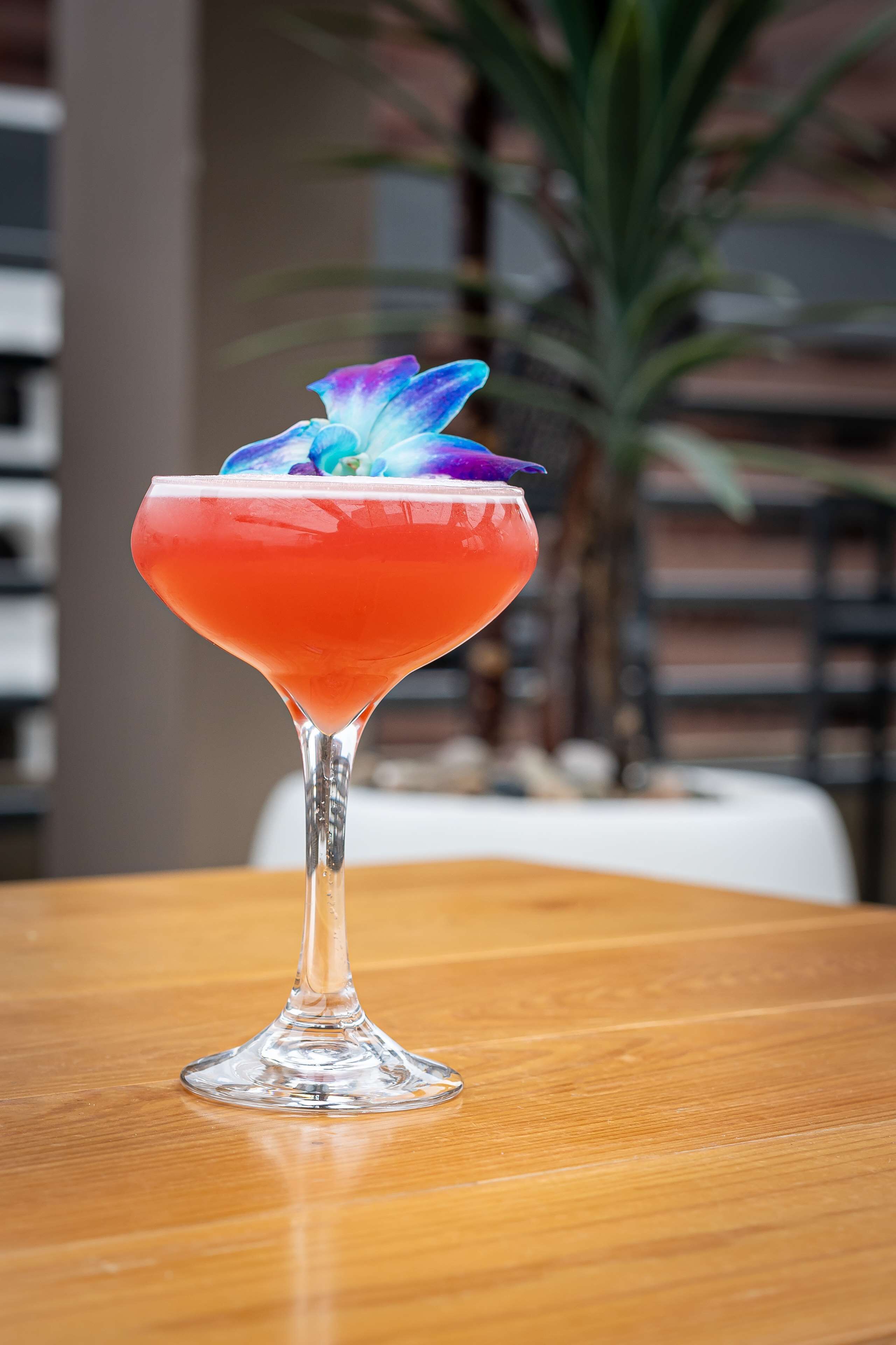A cocktail in a martini glass on a wooden table.