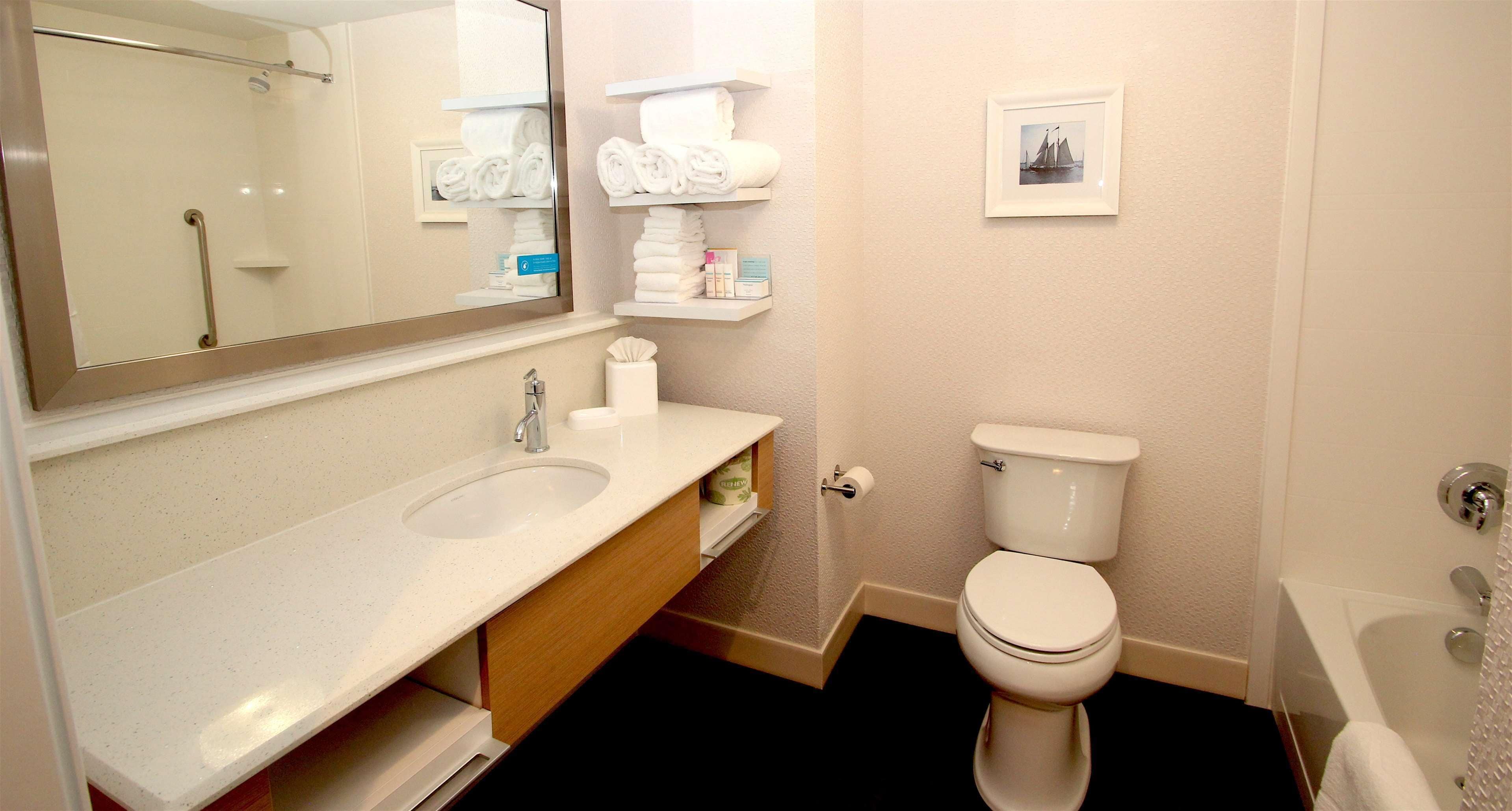A bathroom with a sink, toilet, and a shower area.