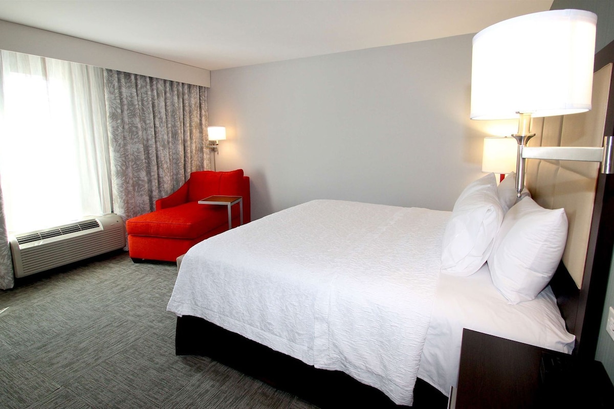 Une chambre d’hôtel avec un lit, un fauteuil rouge, une table de chevet, une lampe et une fenêtre avec des rideaux.