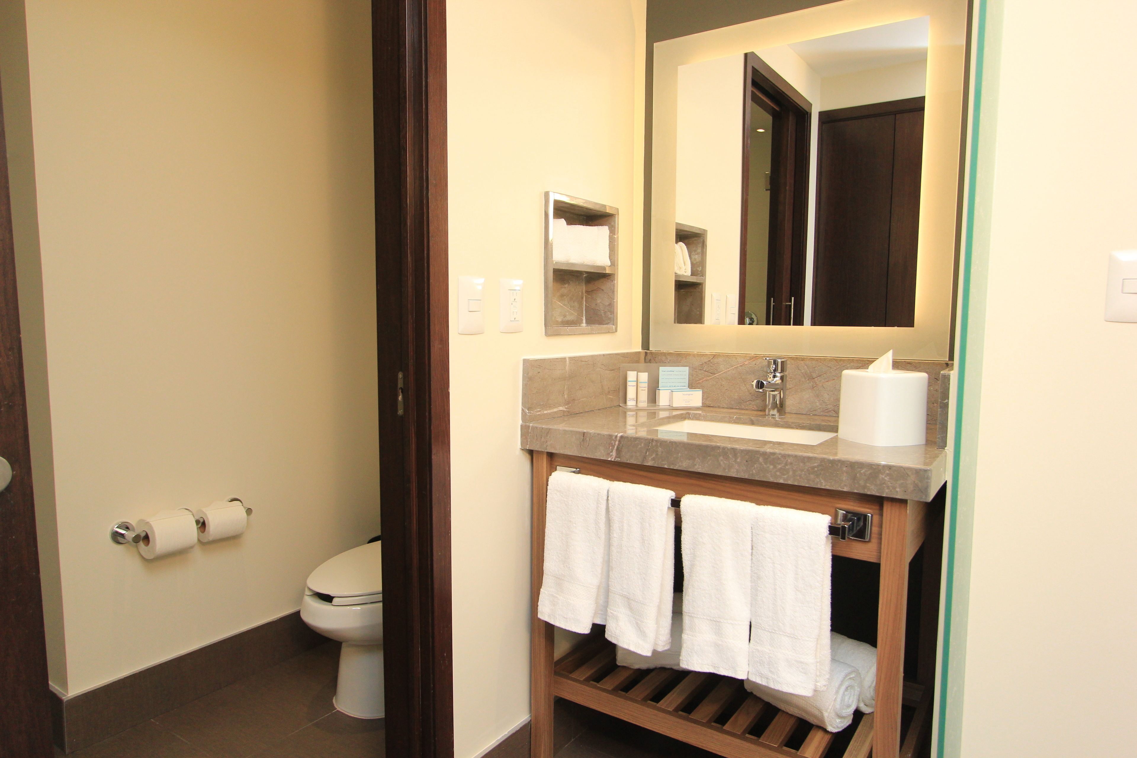 free toiletries, hair dryer, towels