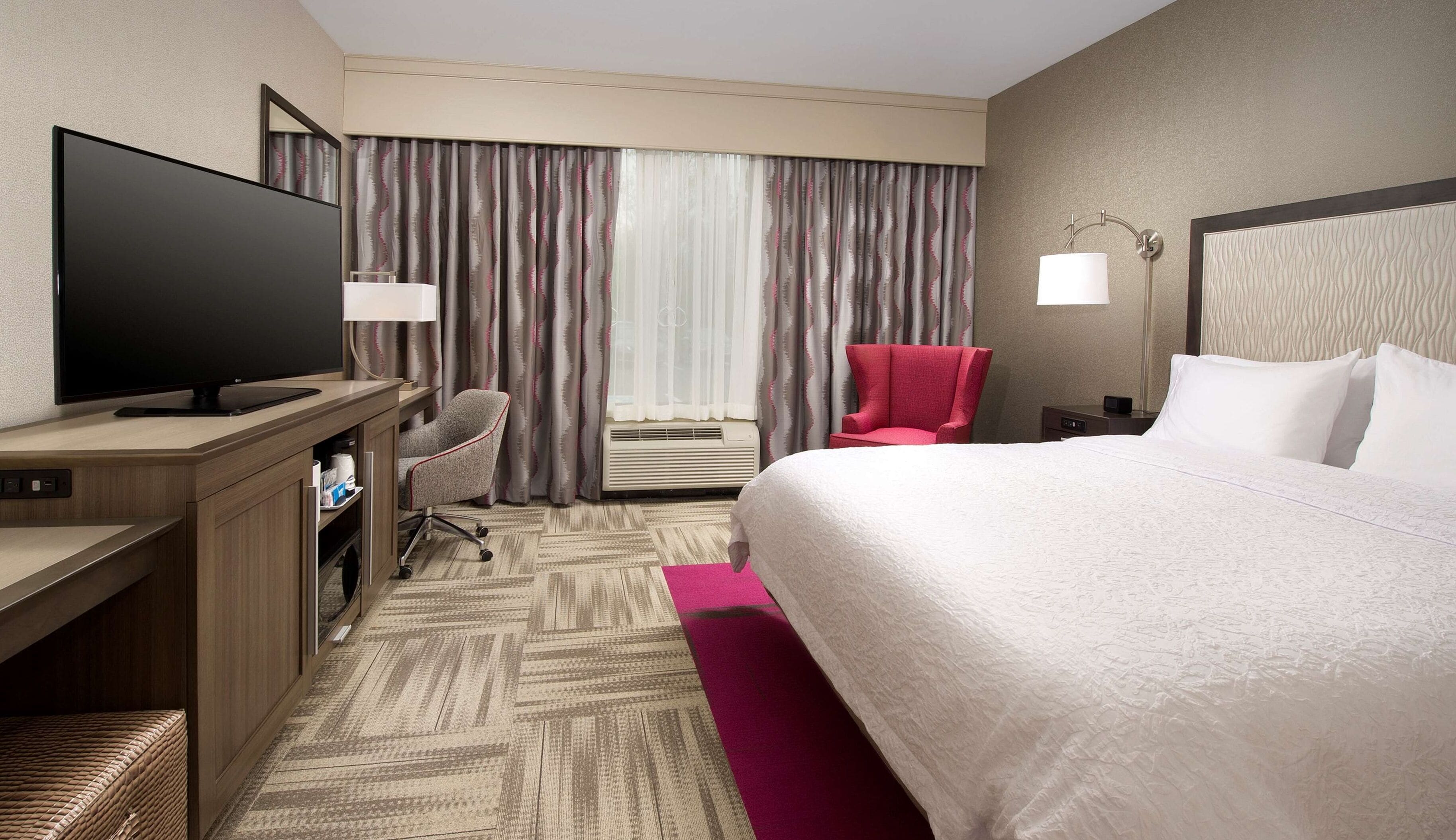 premium bedding, desk, laptop workspace, blackout curtains