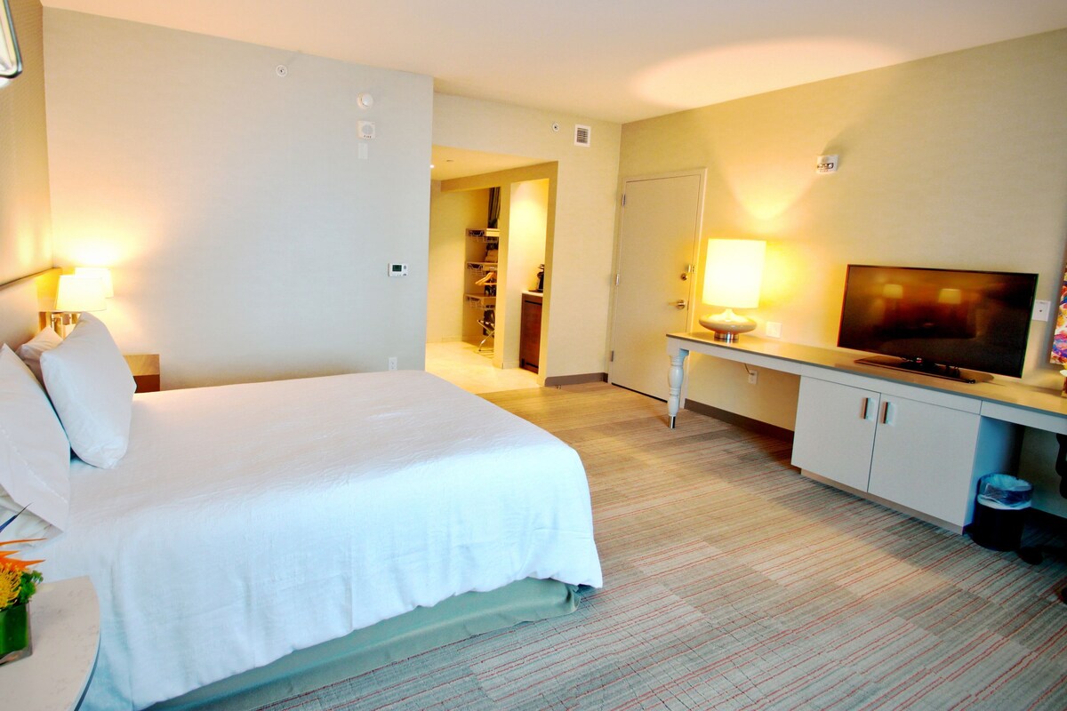 A hotel room with a bed, a TV, a desk, and a closet.