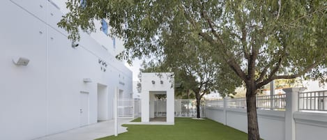 Un edificio moderno con fachada blanca, un césped cuidado y un árbol en el centro.