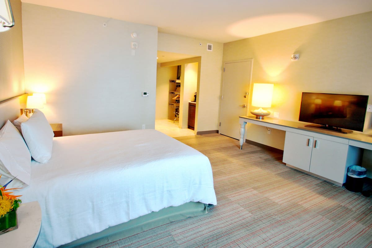 A hotel room with a bed, a TV, a desk, and a walk-in closet.
