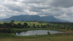 A rural landscape with a lake, green fields, and a mountain in the background.