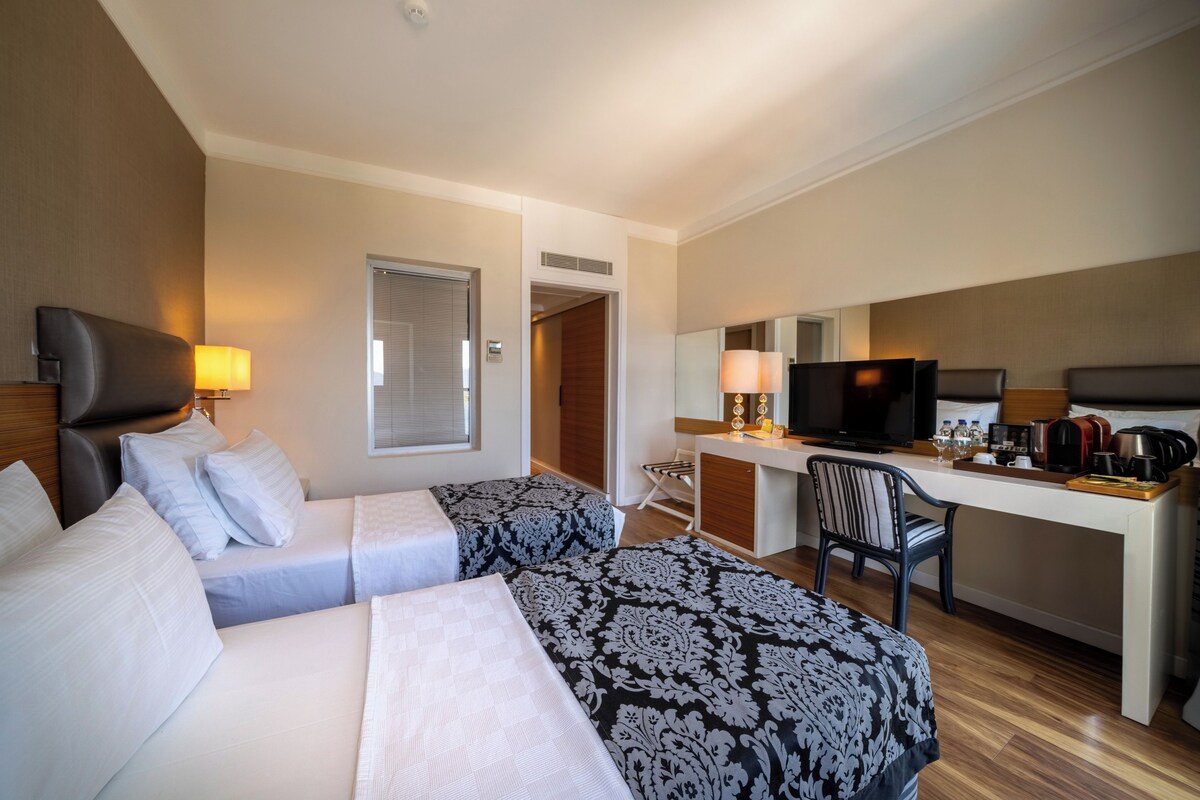 Een hotelkamer met twee bedden, een bureau, een televisie en een koffiezetapparaat.