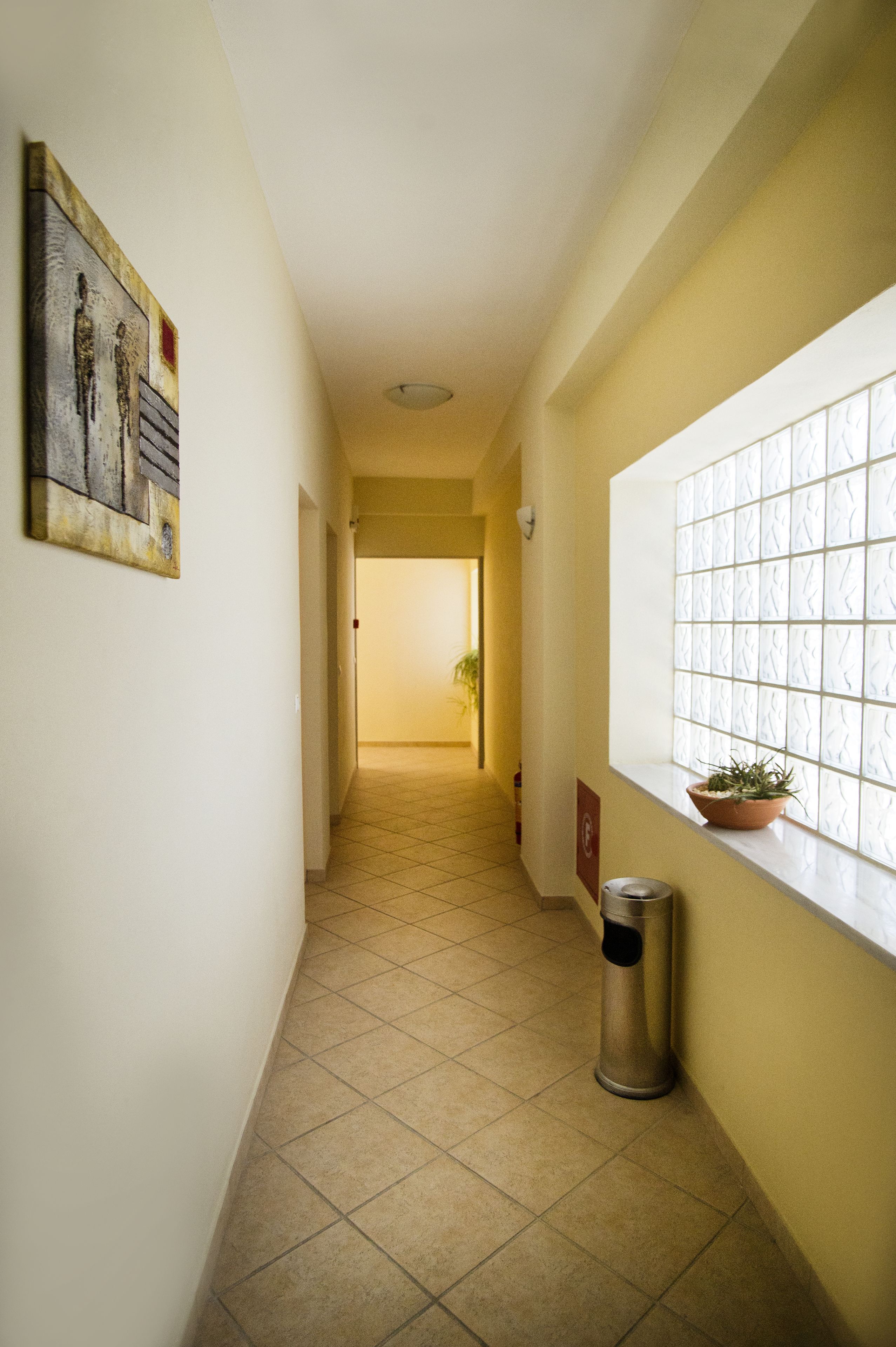 A hallway with a tiled floor, a trash can, a potted plant, and a window with a textured pattern.