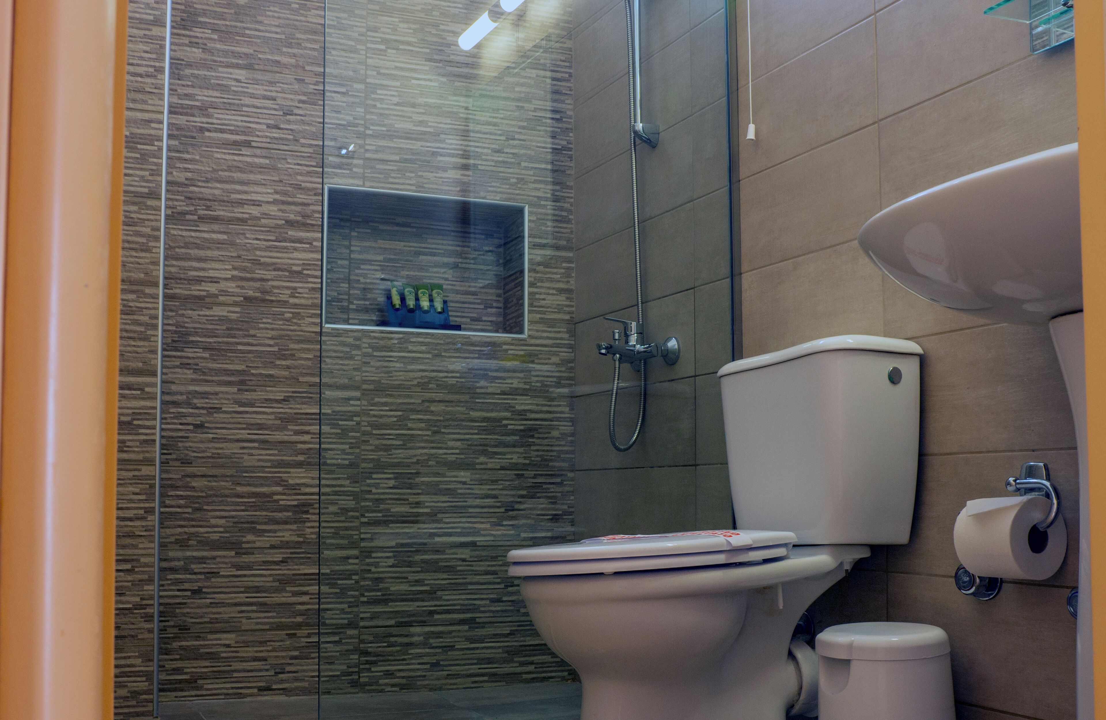 A modern bathroom with a glass-enclosed shower, a toilet, and a sink.