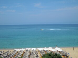 On the beach, sun-loungers, beach umbrellas, beach towels