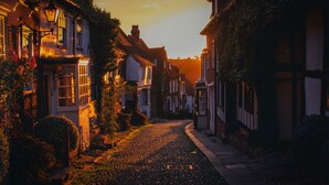 A narrow cobblestone street lined with traditional buildings, featuring stone steps leading to the entrance. - The Mermaid Inn (Rye)
