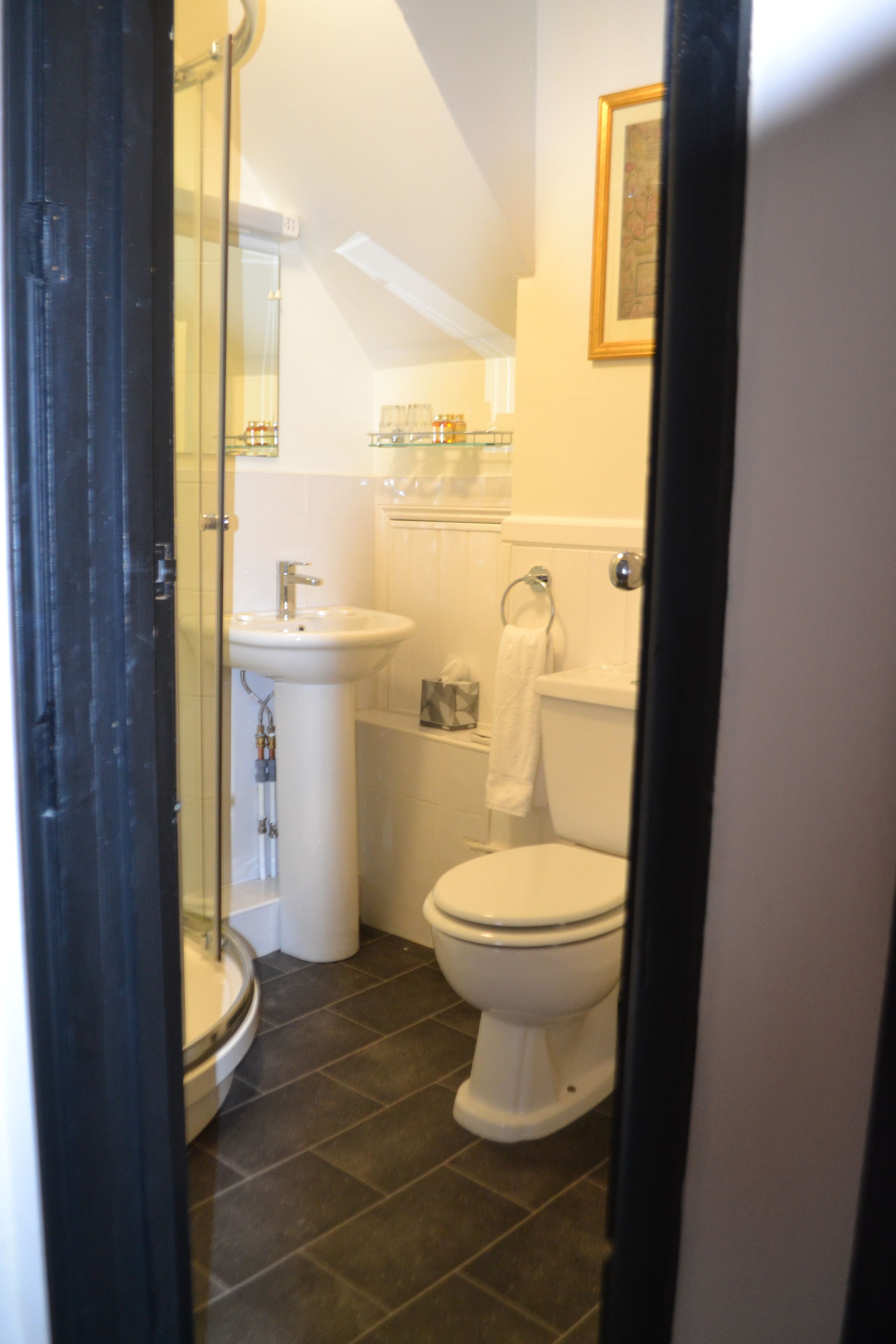 Une salle de bain équipée d’une douche, d’un lavabo, de toilettes et d’un tableau encadré au mur.
