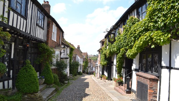 A narrow cobblestone street lined with traditional half-timbered houses, some with ivy and flower boxes. - The Mermaid Inn (Rye)