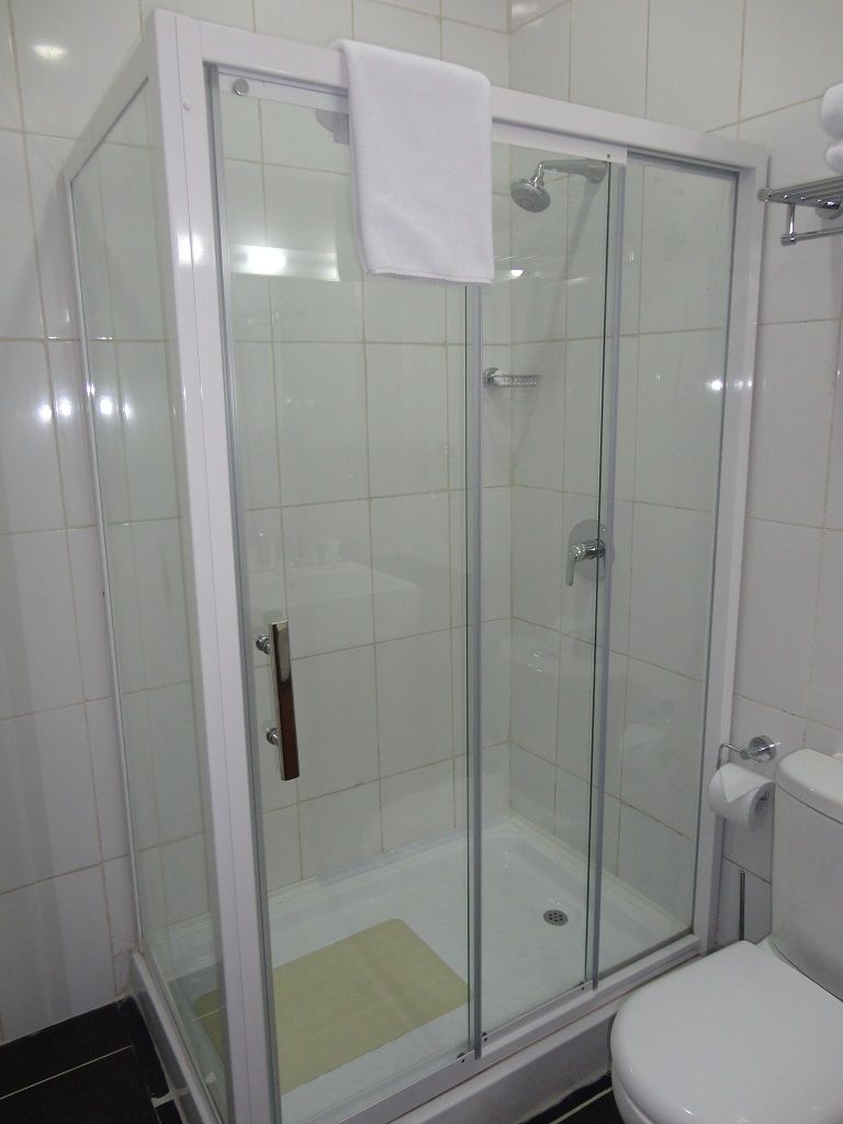 A glass-enclosed shower stall with a white towel hanging on the door, a toilet, and a small mat on the floor.