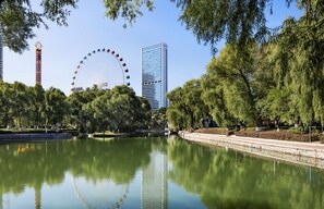 A park with a lake, trees, a Ferris wheel, and a modern building. - Hyatt Regency Changchun (Changchun)
