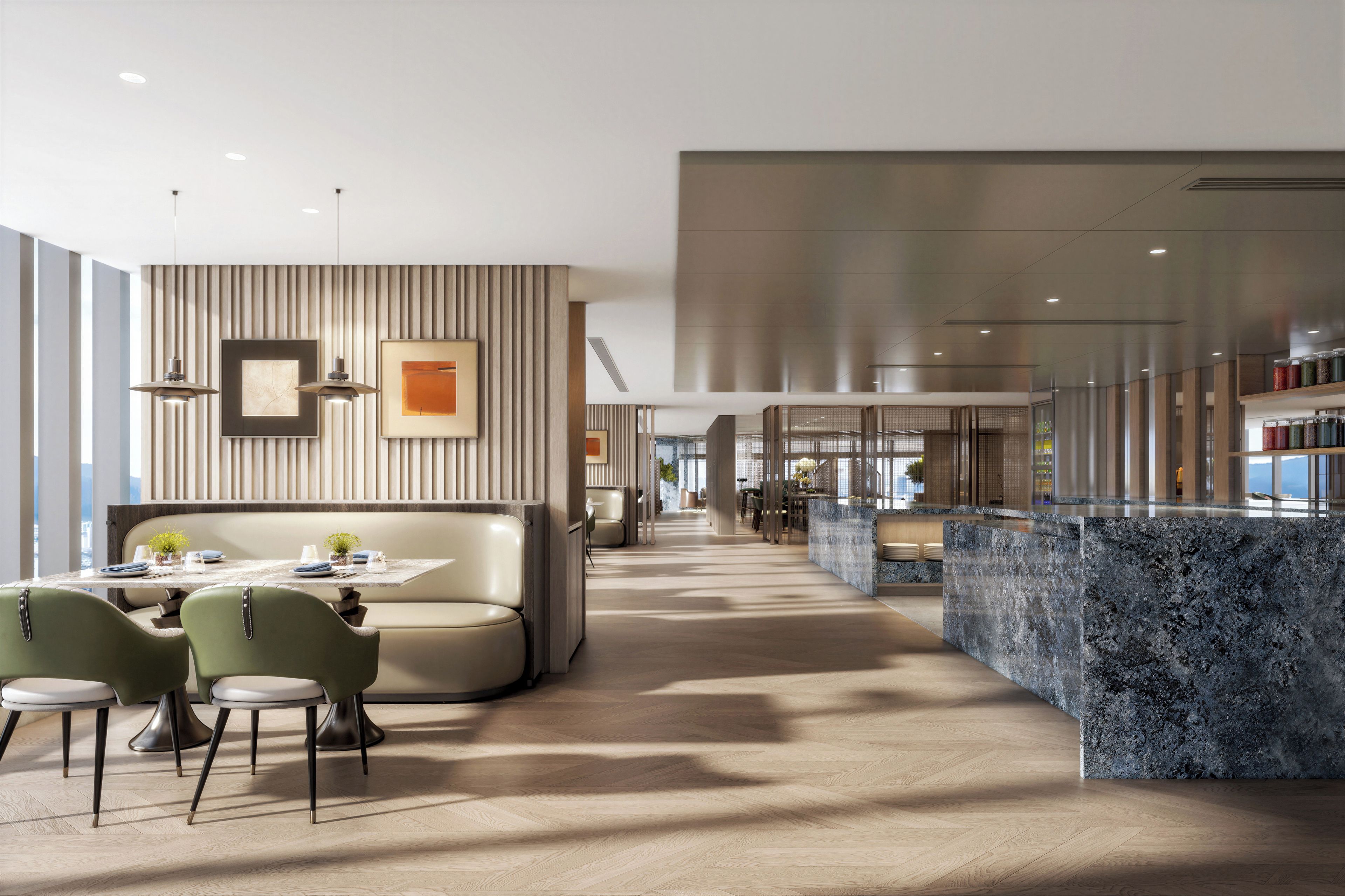 A modern interior with a dining area, seating, and a bar.