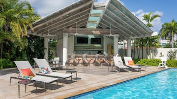 Utendørsbasseng, bassengparasoller og solsenger