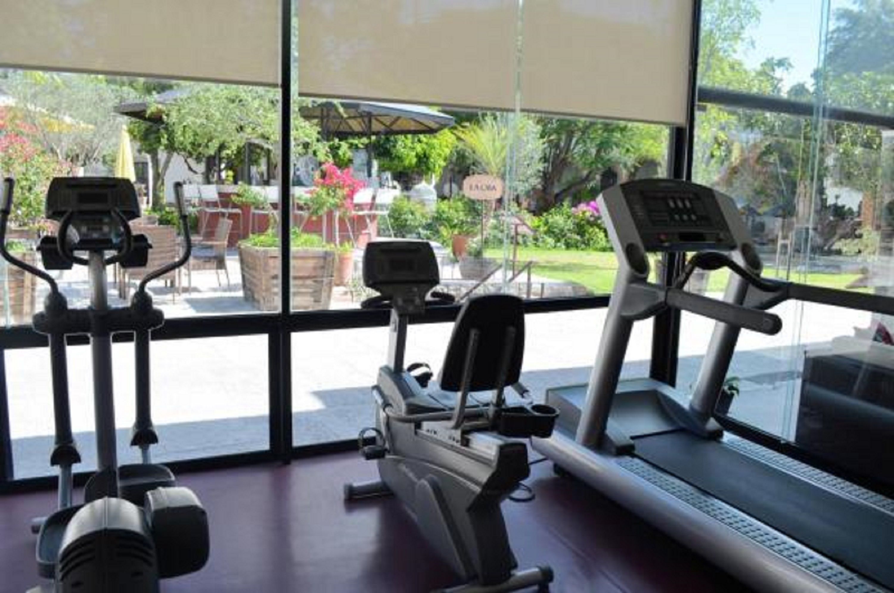 Un gimnasio con equipo de cardio y vistas a un patio exterior.