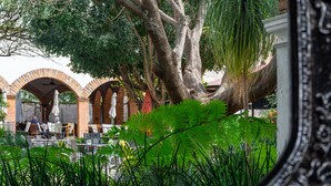 An outdoor cafe with brick arches, tables, chairs, and lush greenery.