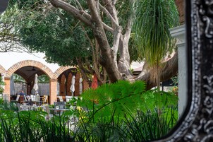 Cafetería al aire libre con arcos de ladrillo, mesas, sillas y abundante vegetación.