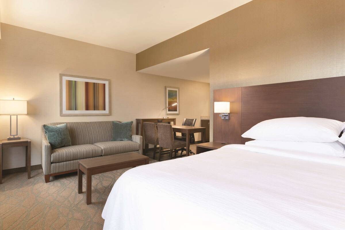Une chambre d’hôtel avec un grand lit, un canapé, un bureau et une chaise.
