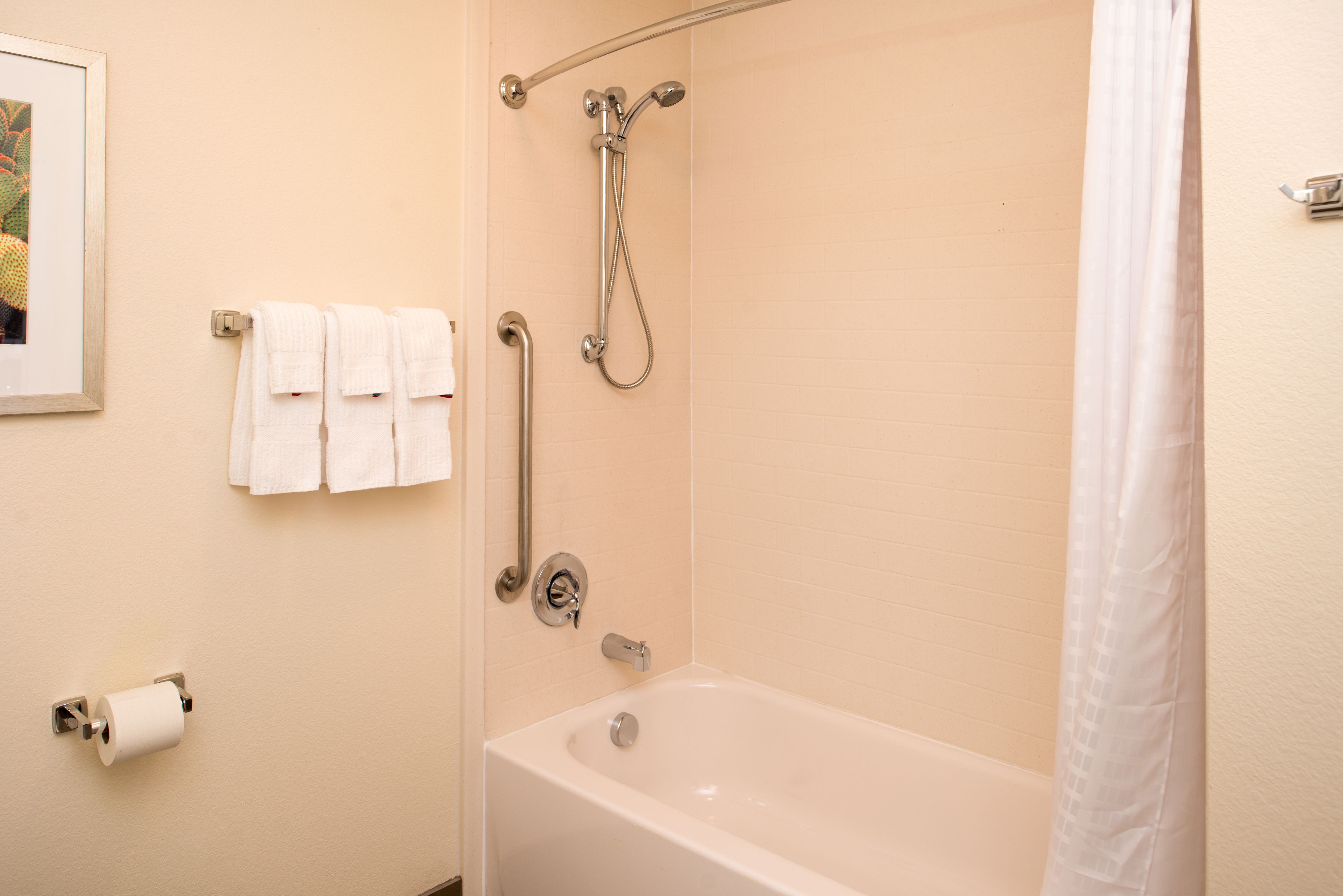 combined shower/bathtub, hair dryer, towels