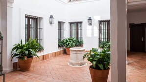 A spacious courtyard with terracotta tiled flooring, white walls, and multiple potted plants.