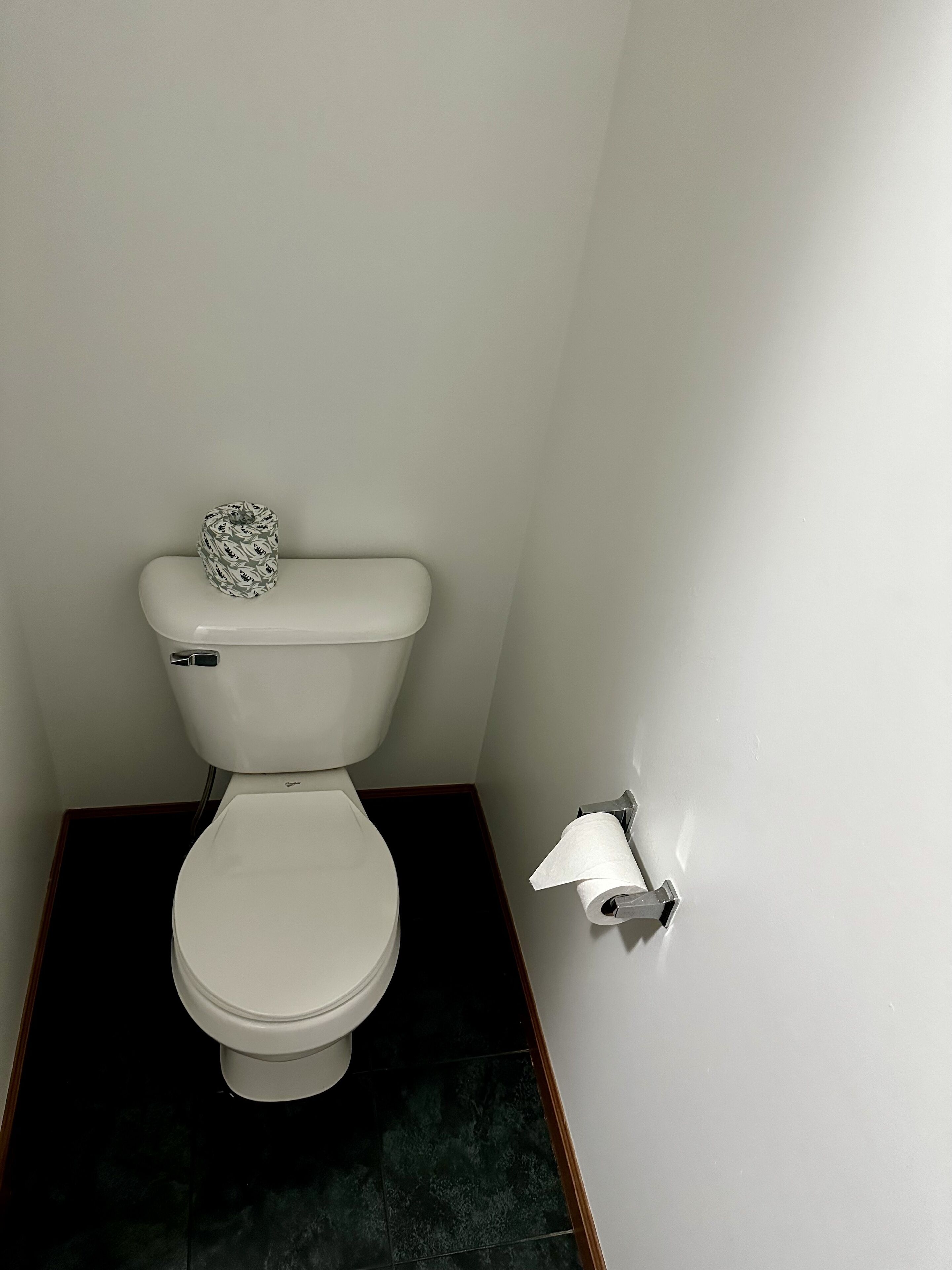 Un inodoro con un dispensador de papel higiénico en la pared.