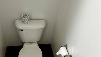 Un inodoro con un dispensador de papel higiénico en la pared.