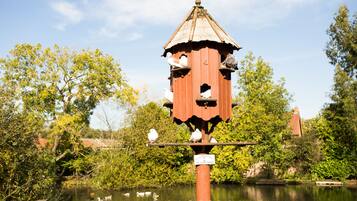 Ein Vogelhaus aus Holz mit einem Metall-Dach, in der Nähe von Wasser mit einem Holzzaun im Vordergrund.