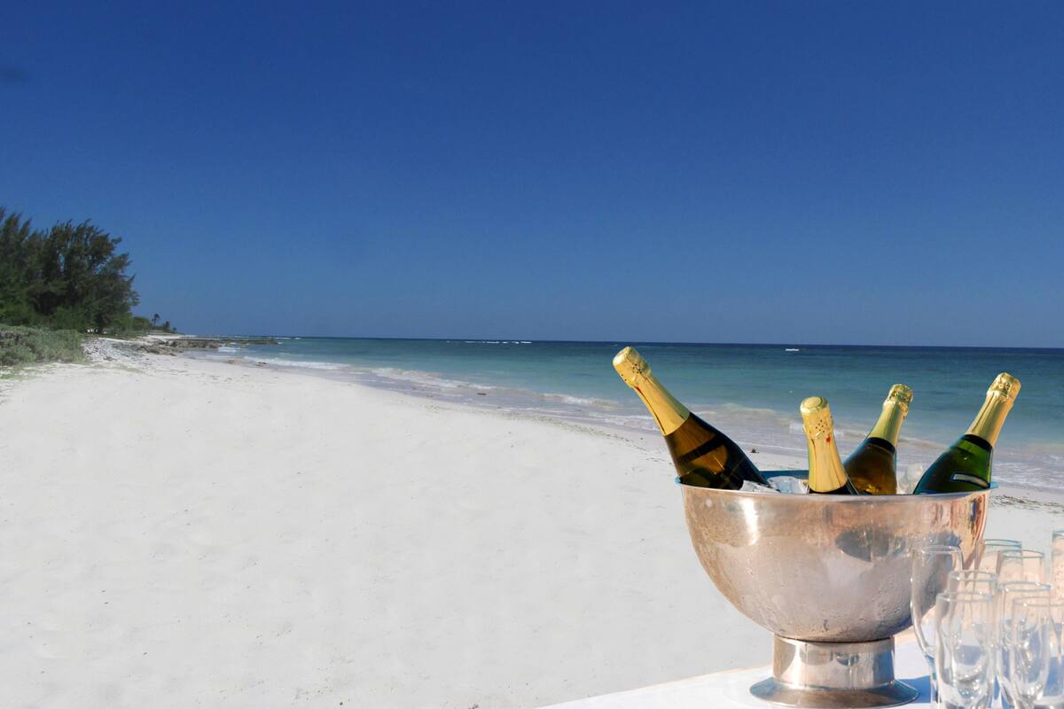 A beach scene with a metal bucket containing champagne bottles and glasses, set against a clear blue sky and ocean.