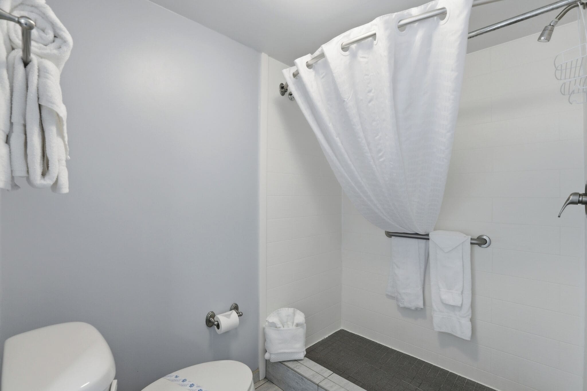 Un bagno con il water, una doccia con tenda e asciugamani su un portascopevoli.