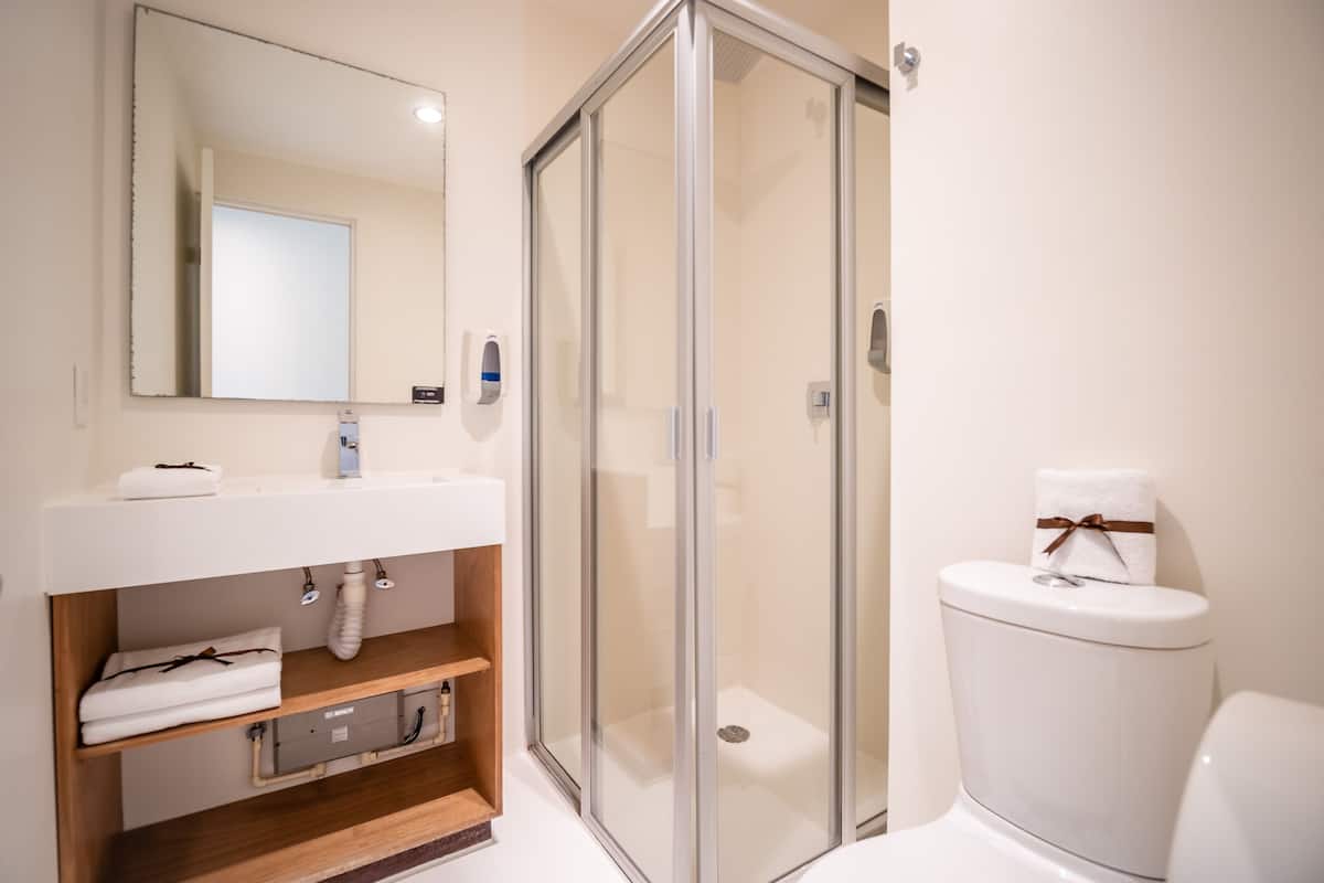 shower, free toiletries, towels, soap