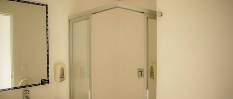 Une salle de bain avec une douche à parois de verre, un lavabo et un miroir.