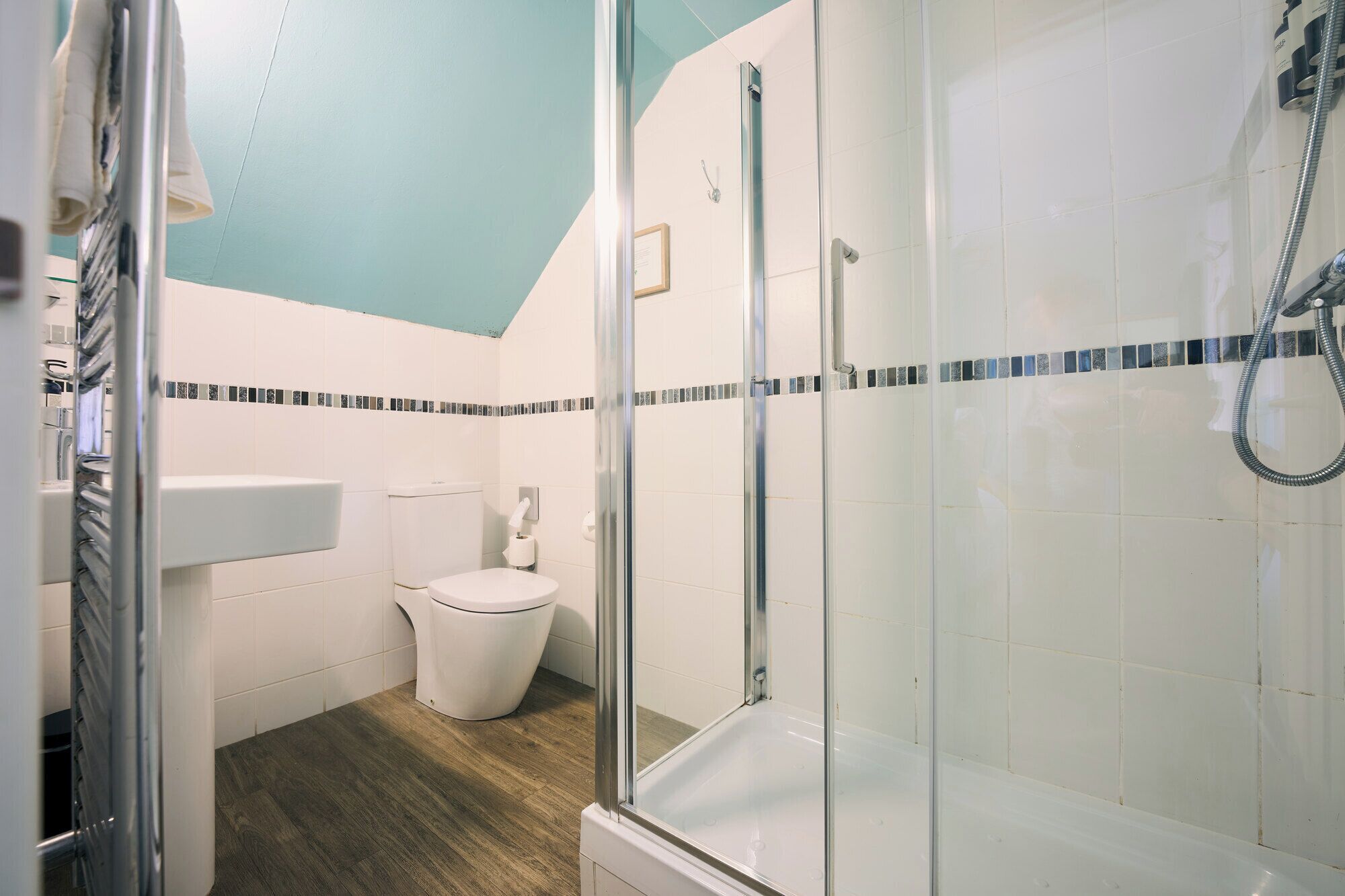 Un baño con ducha de vidrio, inodoro y lavamanos.