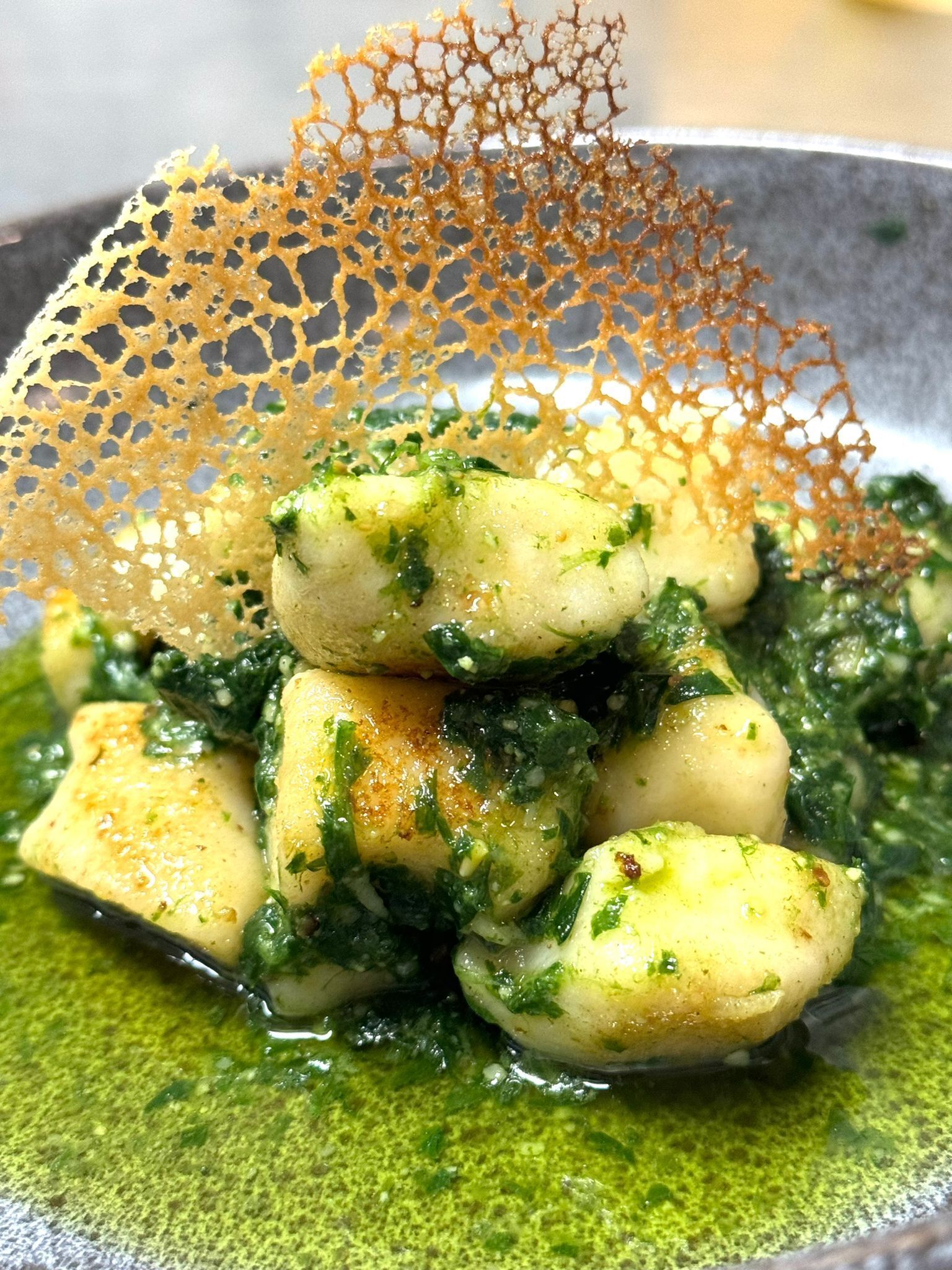 A dish with gnocchi and a crispy garnish.