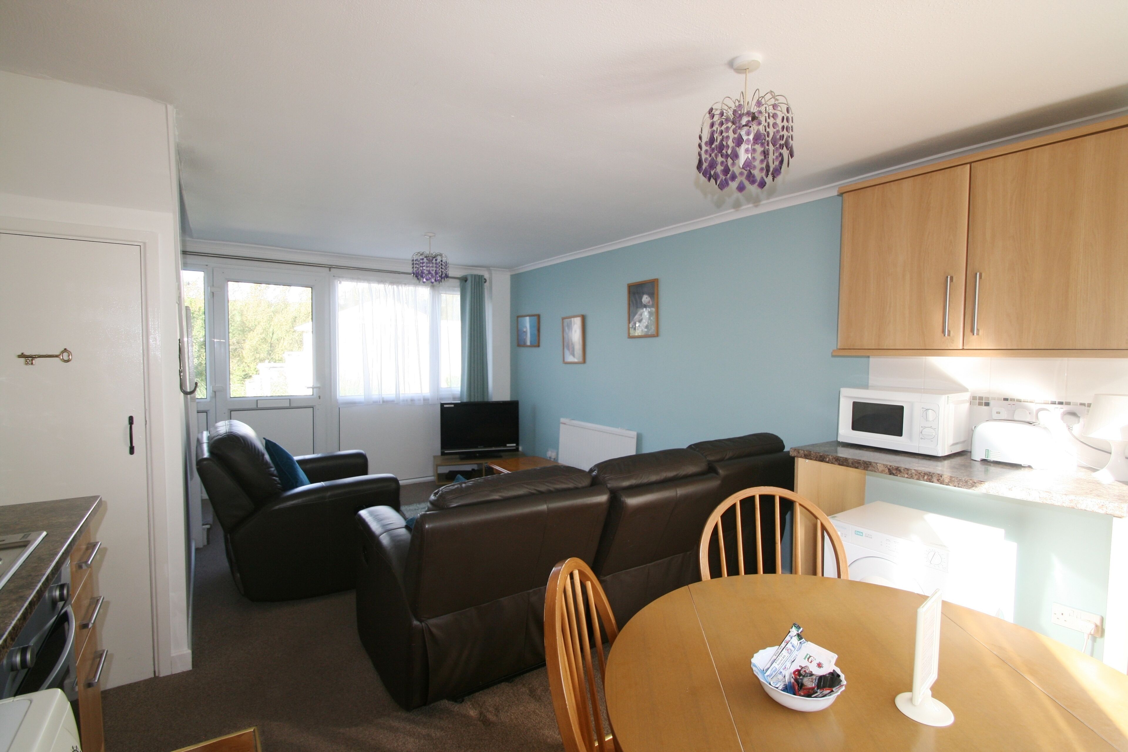 A compact living space with a dining area, a sofa, a television, and a kitchen area with a microwave.